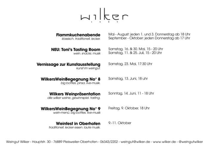 Liste der Termine des Weinguts Wilker für 2026